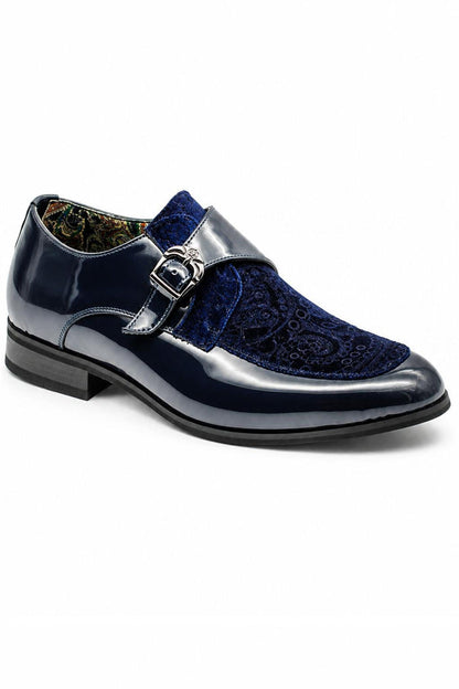 Men's Navy Floral Velvet Monk Strap Dress Shoes