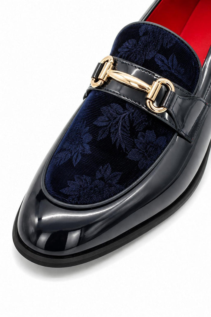 Men's Navy Floral Velvet Patent Snaffle Dress Loafers