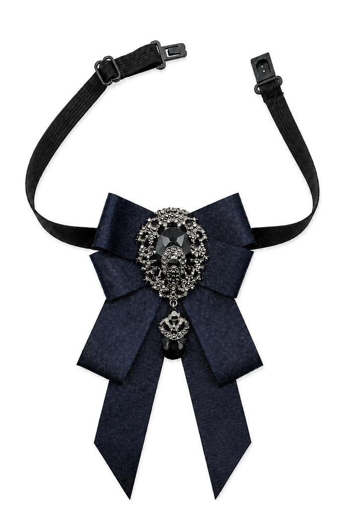 Men’s Navy Glitter Jewelled Short Wedding Ribbon Brooch Bow Tie