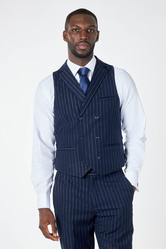 Men's Neil Navy Gold Pinstripe Double Breasted 5-Piece Suit Bundle