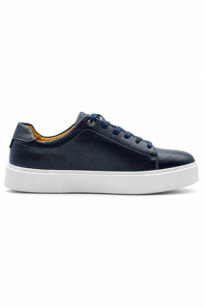 Men’s Navy Grain-Effect Faux Leather Lace-Up Trainers