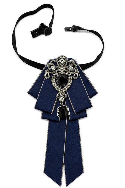 Men’s Navy Jewelled Short Ribbon Wedding Brooch Bow Tie