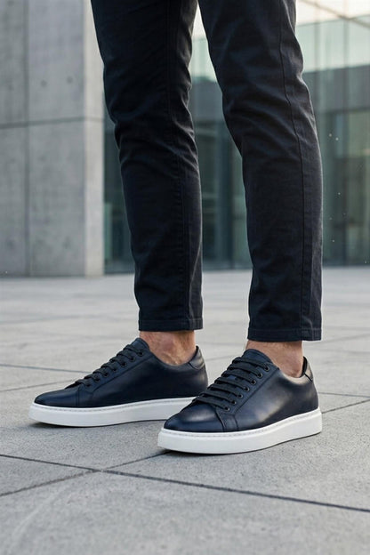 Men's Navy Real Leather Lace-Up Trainers White Sole