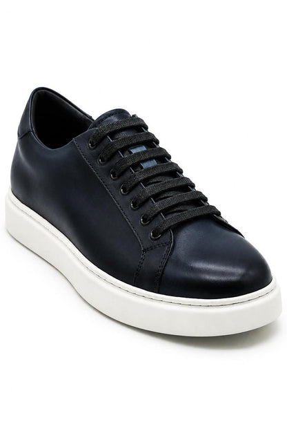 Men's Navy Real Leather Lace-Up Trainers White Sole