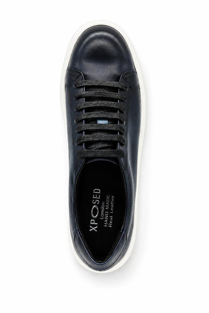 Men's Navy Real Leather Lace-Up Trainers White Sole