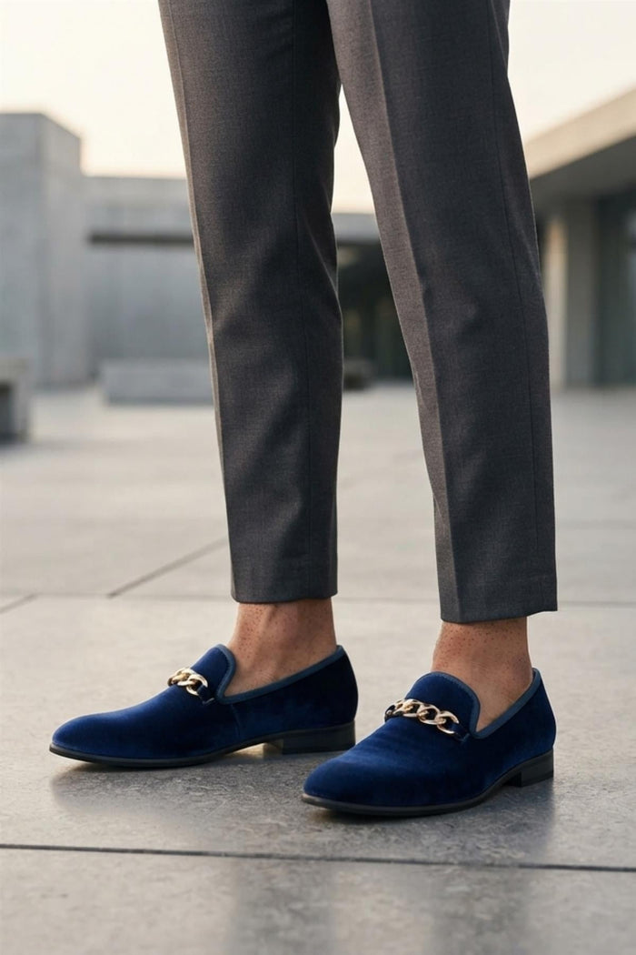 Men's Navy Smooth Velvet Gold Chain Dress Loafers