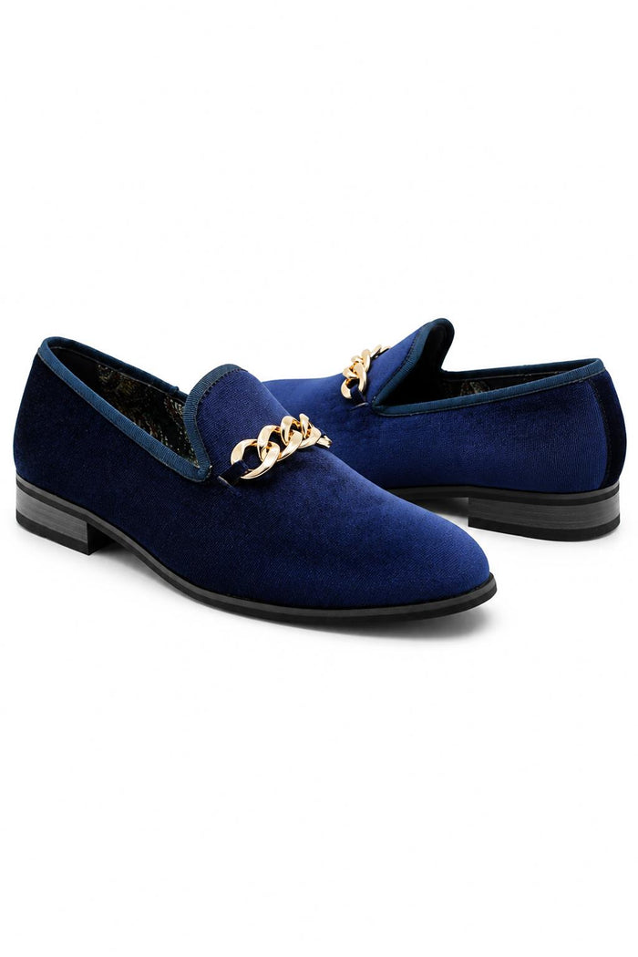 Men's Navy Smooth Velvet Gold Chain Dress Loafers