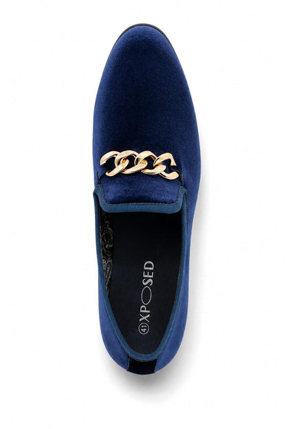 Men's Navy Smooth Velvet Gold Chain Dress Loafers