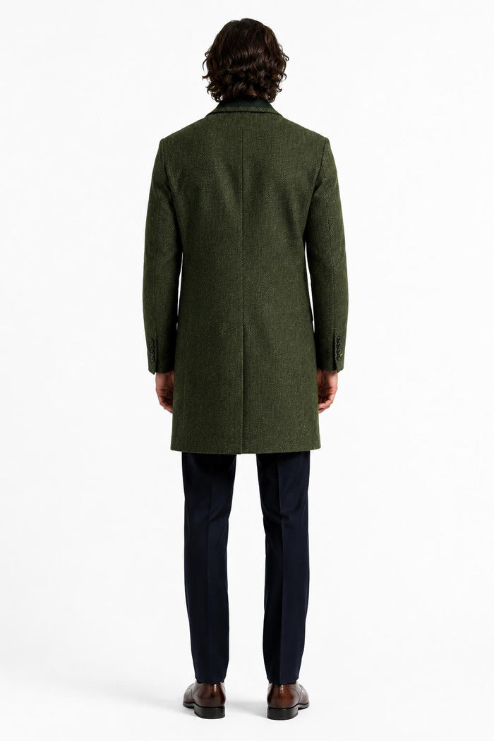 Men's Olive Green Herringbone Wool Blend Tailored Fit Overcoat