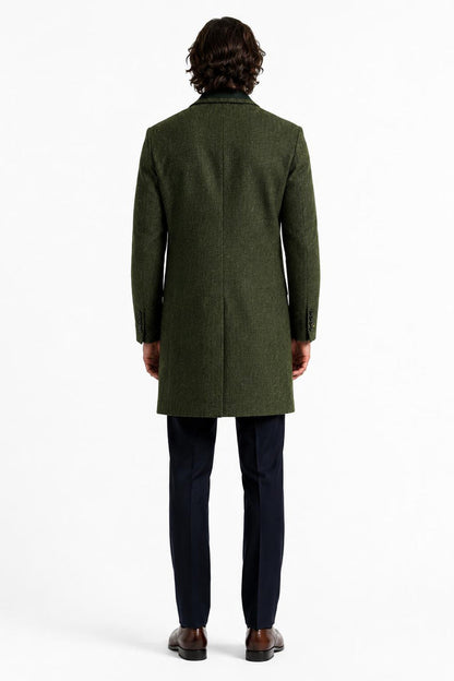 Men's Olive Green Herringbone Wool Blend Tailored Fit Overcoat