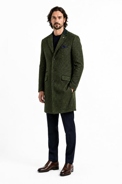 Men's Olive Green Herringbone Wool Blend Tailored Fit Overcoat