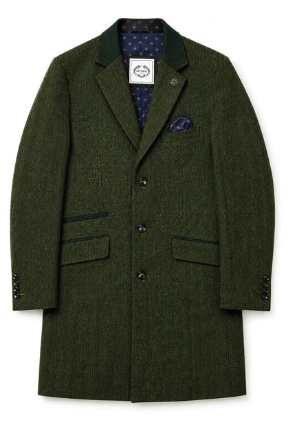 Men's Olive Green Herringbone Wool Blend Tailored Fit Overcoat