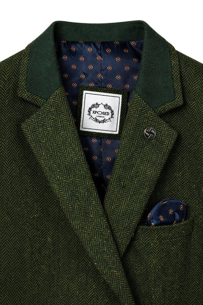 Men's Olive Green Herringbone Wool Blend Tailored Fit Overcoat