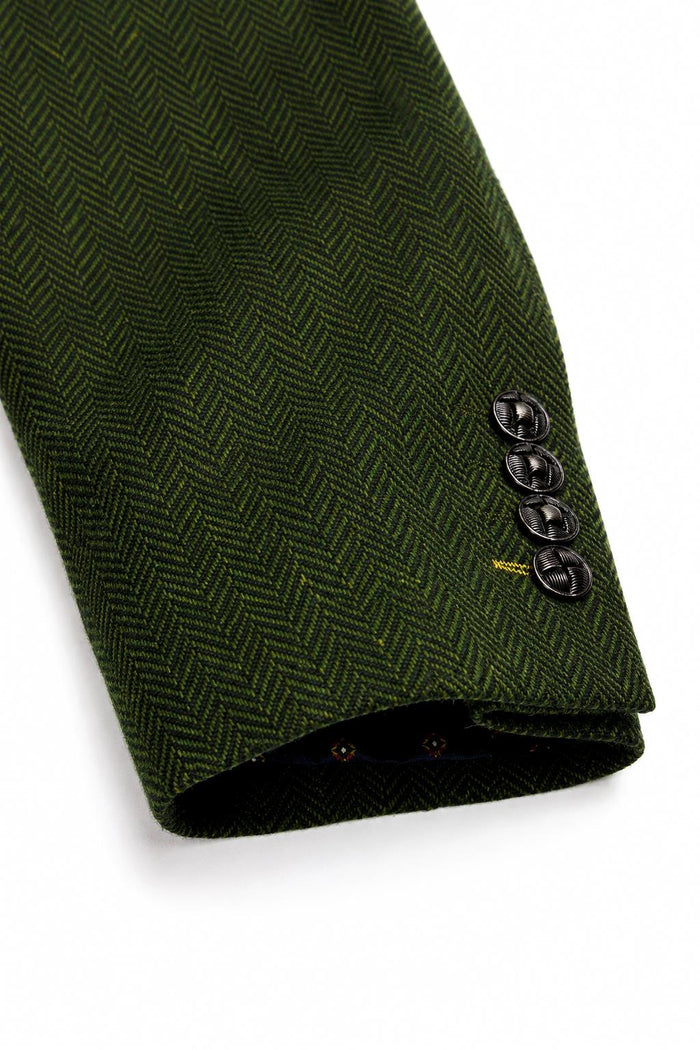Men's Olive Green Herringbone Wool Blend Tailored Fit Overcoat