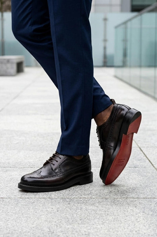 Men's Polished Leather Brogues - Dark Brown Chunky Derby Shoes