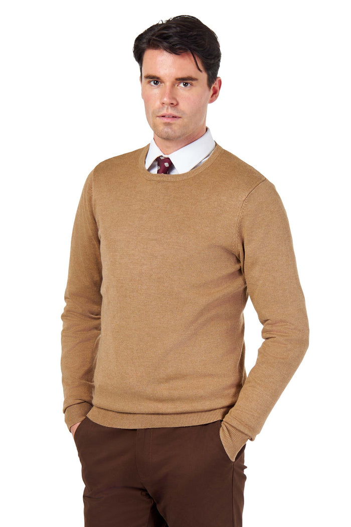 MEN’S PURE COTTON CAMEL CREW NECK JUMPER