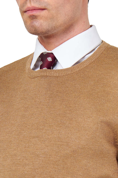 MEN’S PURE COTTON CAMEL CREW NECK JUMPER