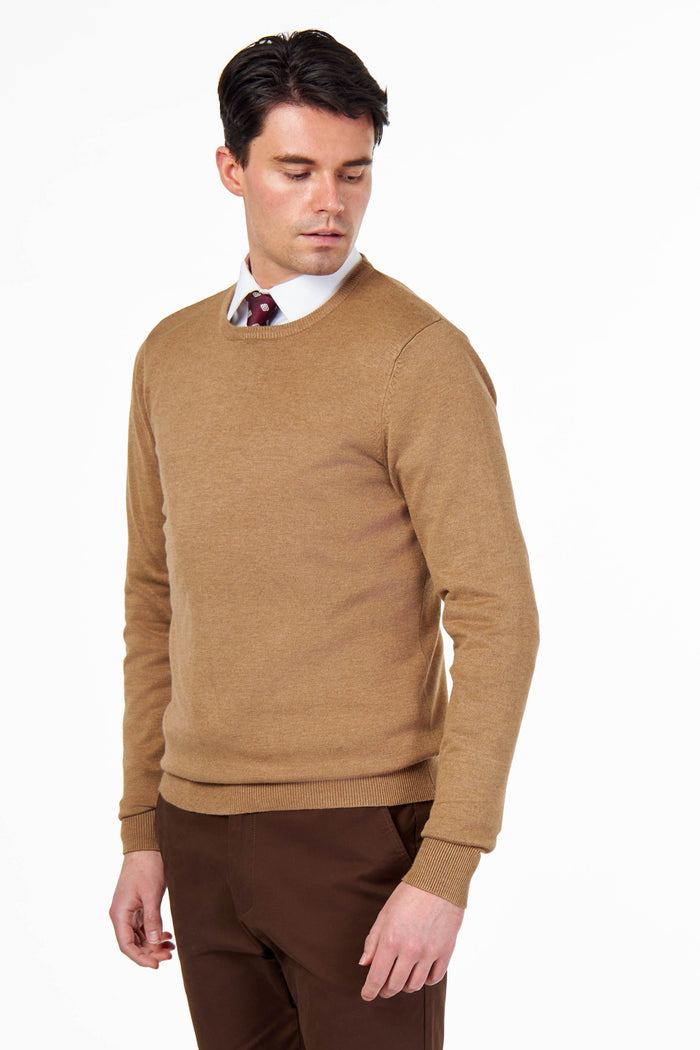MEN’S PURE COTTON CAMEL CREW NECK JUMPER