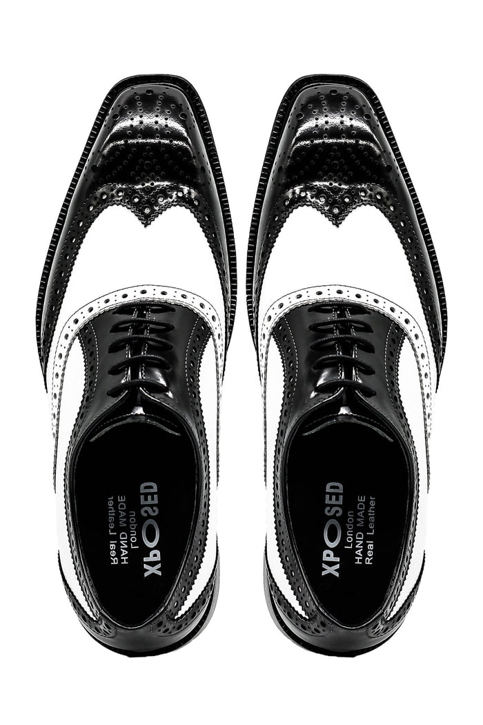 Mens Retro Black White Leather Gatsby Brogues