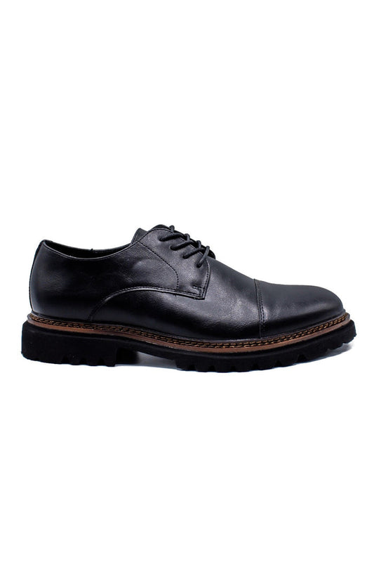 Men’s Round Toe Cap Derby Shoes, Rugged Sole - Black