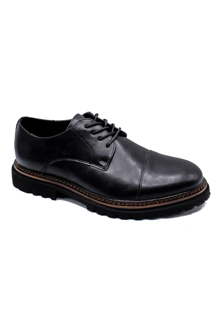 Men’s Round Toe Cap Derby Shoes, Rugged Sole - Black