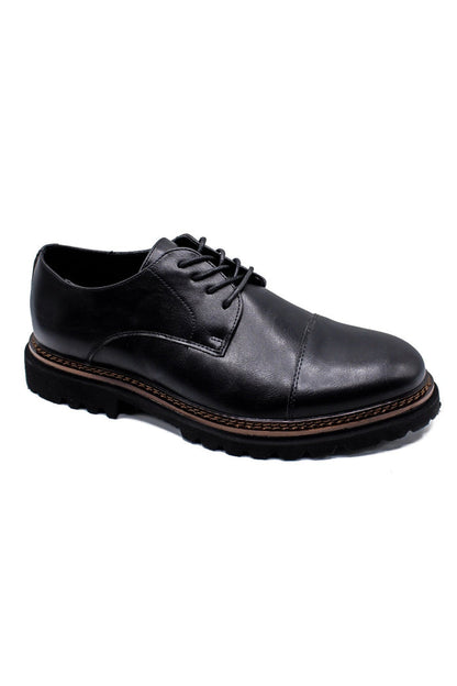 Men’s Round Toe Cap Derby Shoes, Rugged Sole - Black