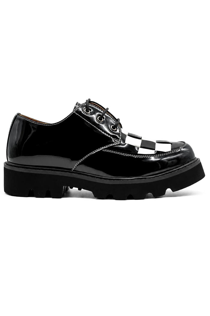 Men's Shiny Patent Black & White Mod-Style Chunky Derby Shoes
