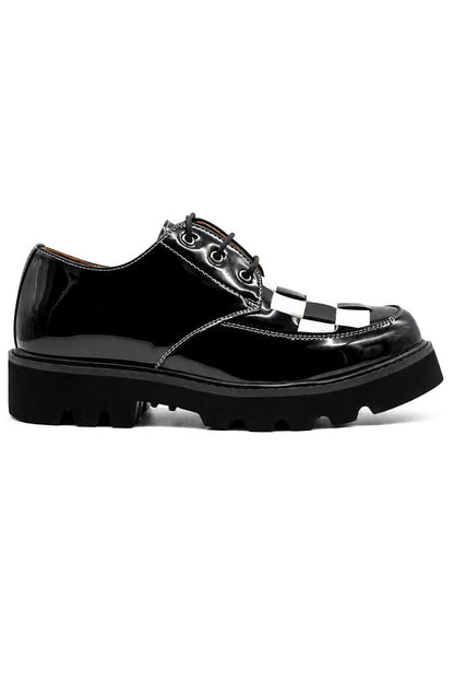 Men's Shiny Patent Black & White Mod-Style Chunky Derby Shoes