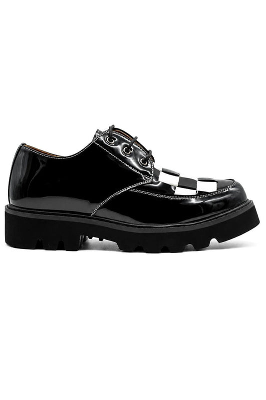 Men's Shiny Patent Black & White Mod-Style Chunky Derby Shoes