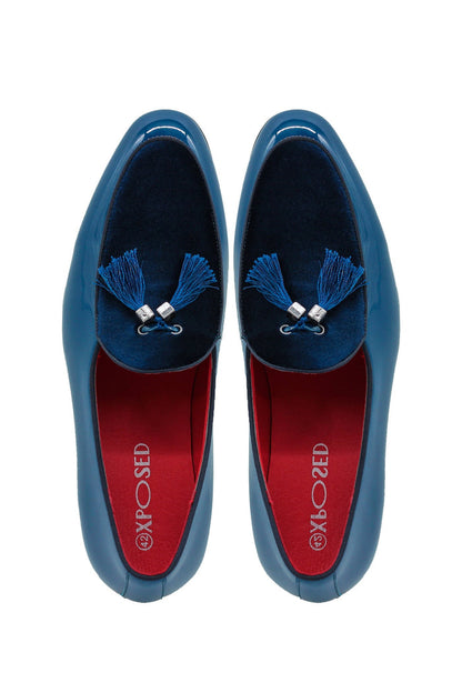 Men’s Shiny Patent Tassel Loafers Velvet Upper Faux Leather Wedding Dress Shoes