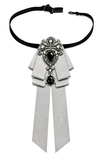 Men’s Silver Jewelled Short Ribbon Wedding Brooch Bow Tie