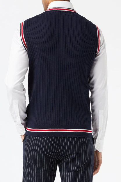 Mens Sleeveless V Neck Navy Jumper Knitted Vest