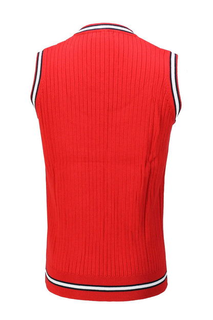 Mens Sleeveless V Neck Red Jumper Knitted Vest