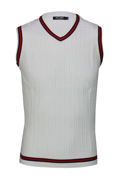Mens Sleeveless V Neck White Jumper Knitted Vest