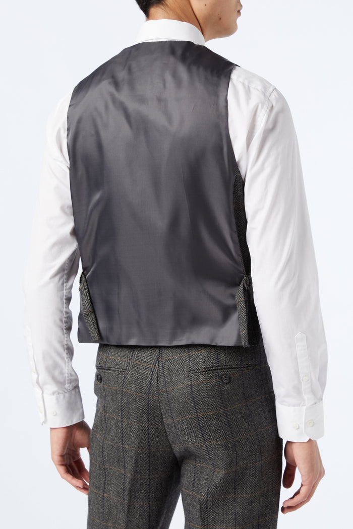 MENS TWEED GREY HERRINGBONE CHECKS TAILORED FIT WAISTCOAT