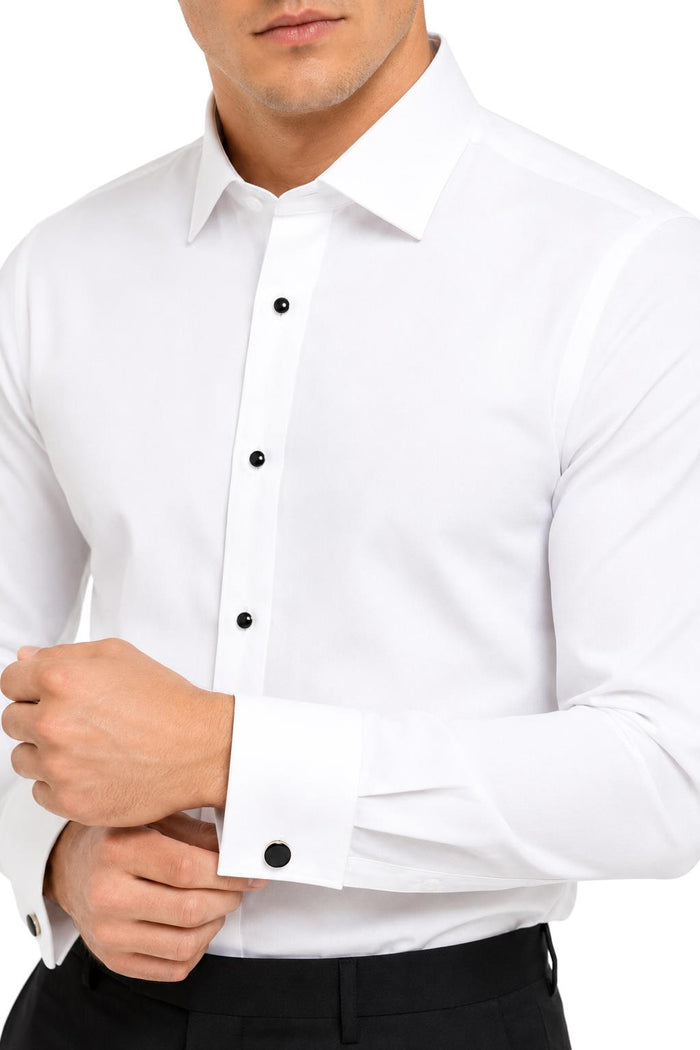 Men's White Formal Shirt with Black Buttons & Pocket Square