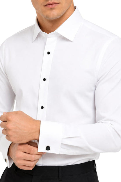 Men's White Formal Shirt with Black Buttons & Pocket Square