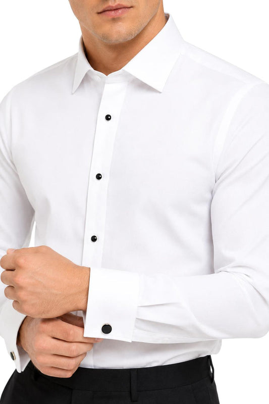 Men's White Formal Shirt with Black Buttons & Pocket Square