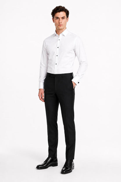 Men's White Formal Shirt with Black Buttons & Pocket Square