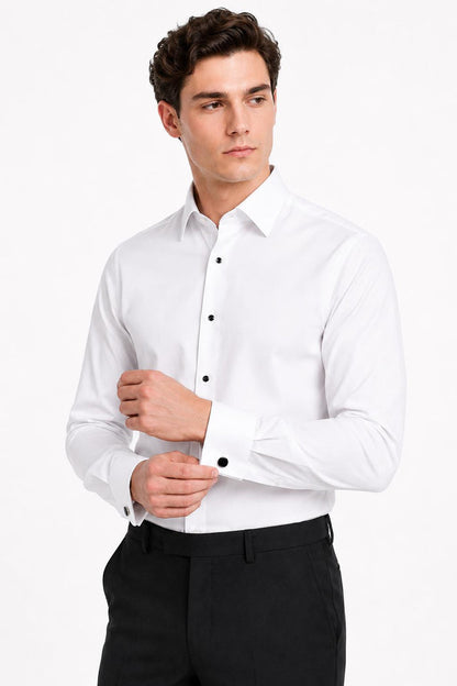 Men's White Formal Shirt with Black Buttons & Pocket Square
