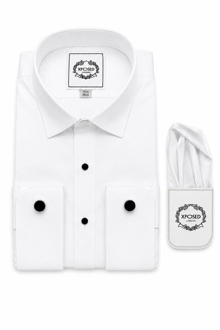 Men's White Formal Shirt with Black Buttons & Pocket Square