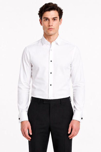 Men's White Formal Shirt with Black Buttons & Pocket Square