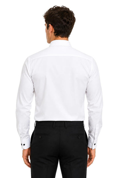 Men's White Formal Shirt with Black Buttons & Pocket Square