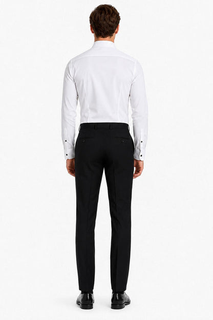 Men's White Pleated Front Tuxedo Shirt with Black Buttons & Pocket Square