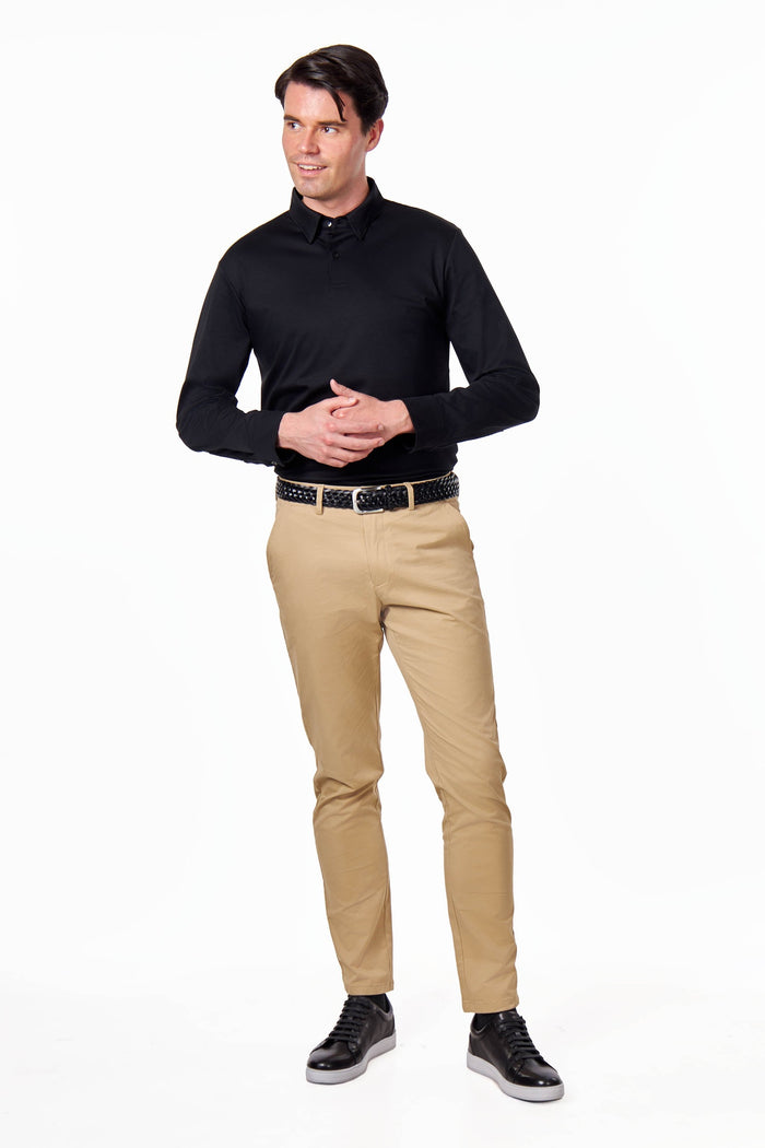 Mercerised Cotton Black Polo Shirt Long Sleeve