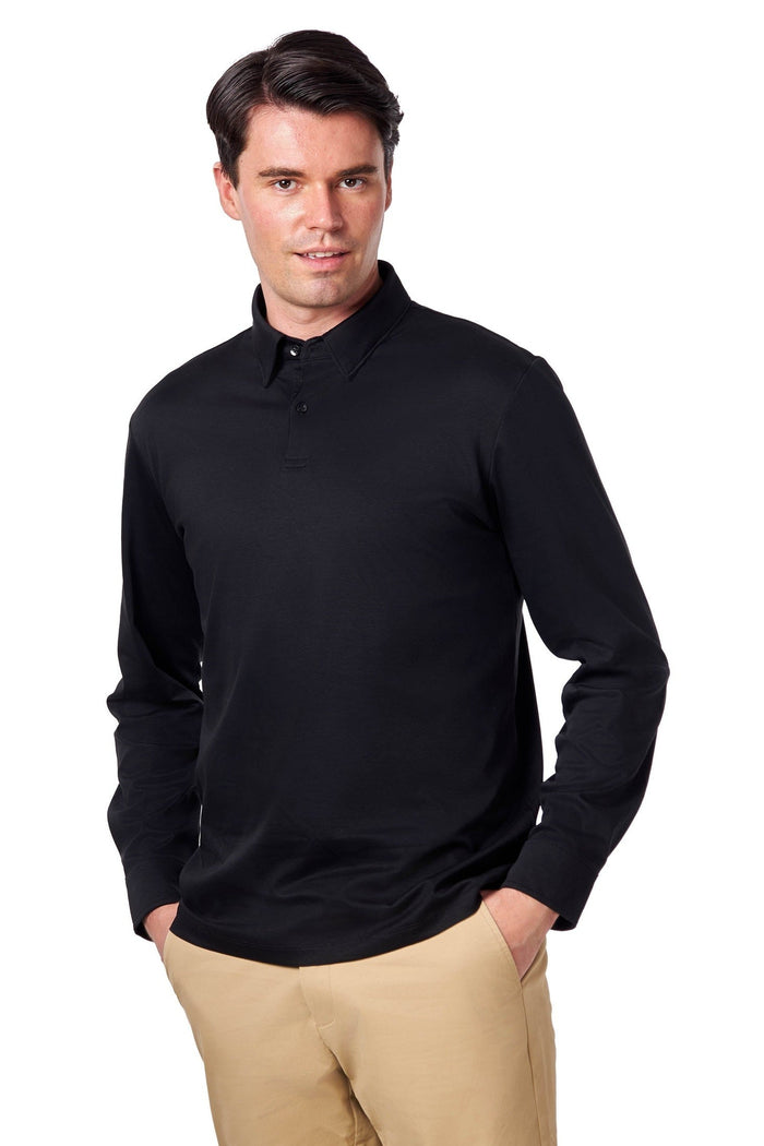 Mercerised Cotton Black Polo Shirt Long Sleeve