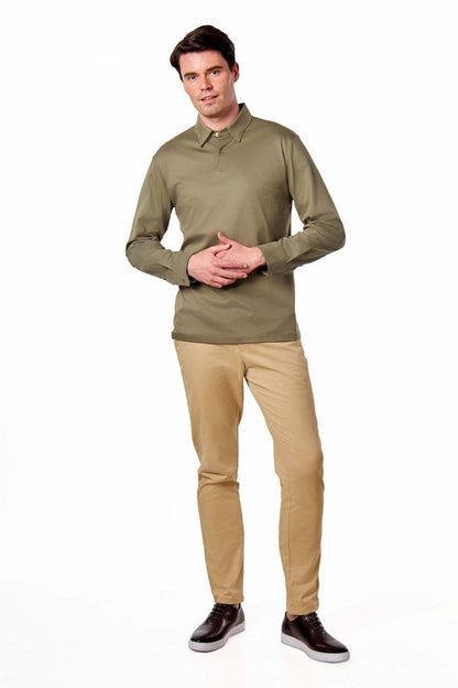 Mercerised Cotton Khaki Polo Shirt Long Sleeve