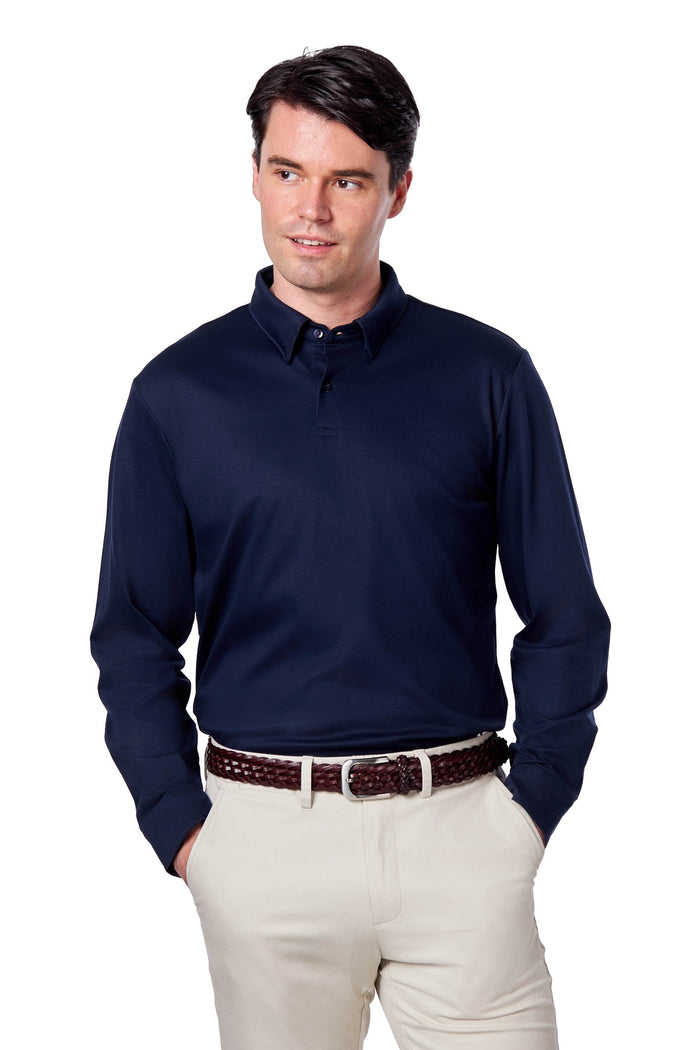 Mercerised Cotton Navy Polo Shirt Long Sleeve