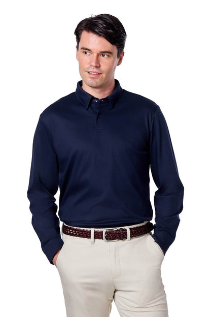Mercerised Cotton Navy Polo Shirt Long Sleeve