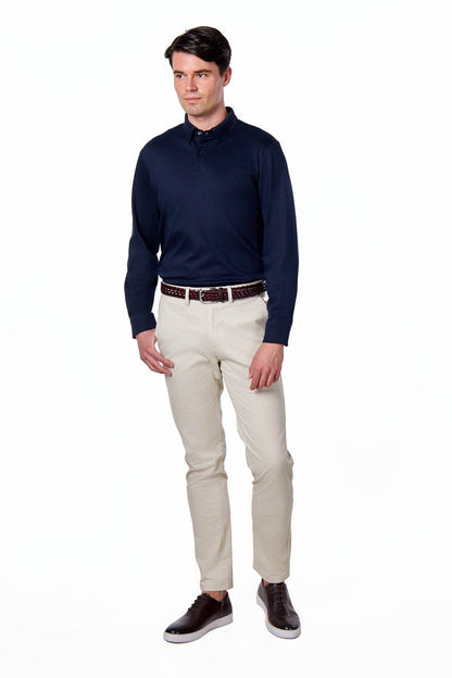 Mercerised Cotton Navy Polo Shirt Long Sleeve